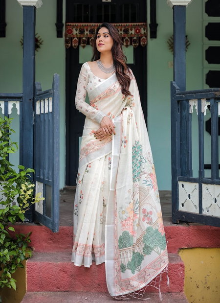 Linen 117 By Almari Floral Prints Fancy Sarees Wholesale In India